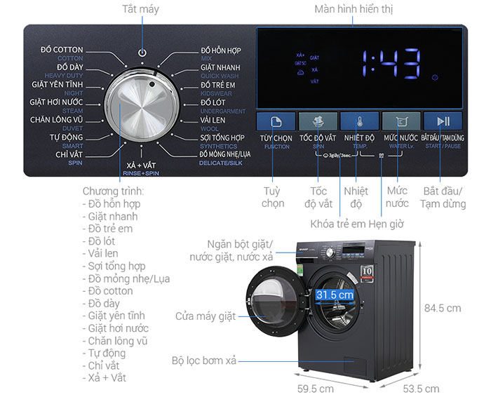 Image Máy giặt Sharp Inverter 9 kg ES-FM90CB-SB 4